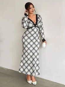 Firerie Plus Size Women's Contrast Lace Deep V-Neck Long Sleeve Plaid Fish Tail Hem Elegant Dress Fall - Multicolor - View 6