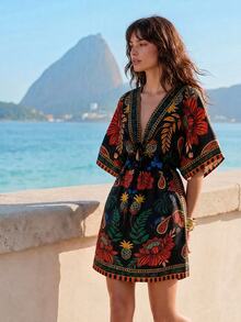 CAJUNI Women's Floral Print V-Neck Casual Versatile Daily Wear Dress - Multicolor - View 8