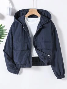 SHEIN Sparklyn 少女連帽拉鍊長袖多功能外套 - 藏蓝色 - 查看 1