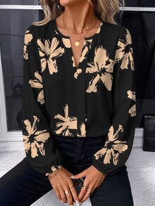EMERY ROSE 2026秋冬女款黑色休閒簡約V領長袖印花襯衫上衣，適合春秋穿著 - 彩色 - 查看 5