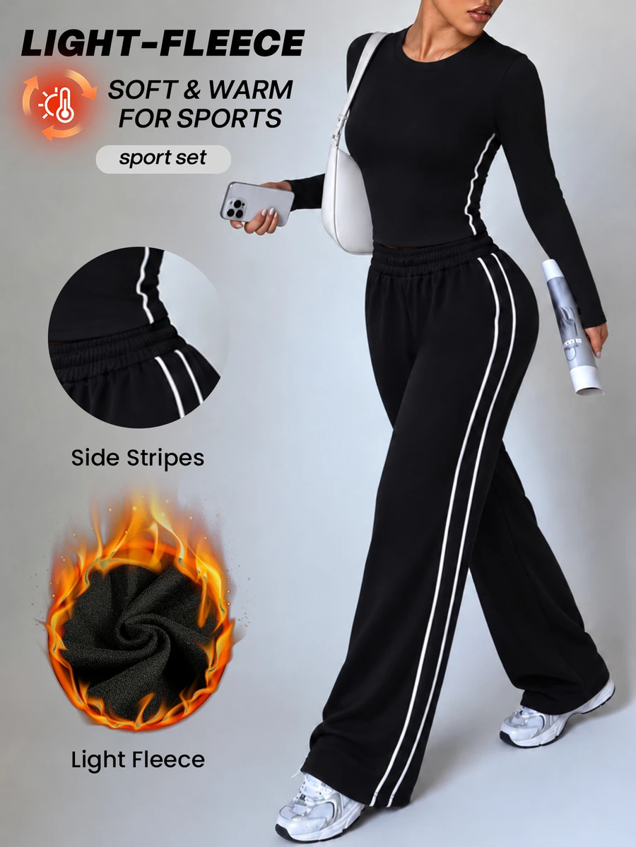 StreetHx 2PCS Women's Autumn/Winter Sports Set Black And White Striped Sweetro Style Tight Crew Neck Long Sleeve Side Patchwork Contrast Stripe Top Pants Gym - Black - View 1