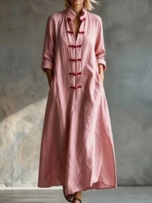 Glimmora New Chinese Style Stand Collar Frog Button Long Sleeve Dress Vintage Artistic Loose Plus Size Women - Pink - View 5