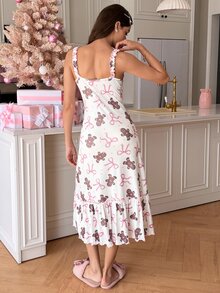 SweetSlumber Women's Sweet Christmas Cute Gingerbread Man Bow Print Frill Trim Knit White Nightgown - White - View 4