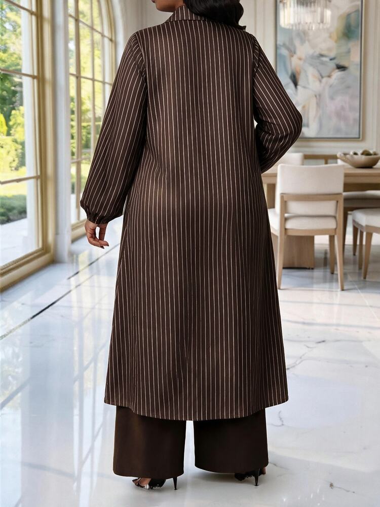 SHEIN Lady Plus Size Collared Striped Long Sleeve Dress & Solid Color Pants 2 Pieces Set - Multicolor - View 2