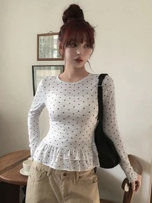 DAZY Polka Dot Patchwork Long Sleeve Round Neck Ruffle Trim Casual Vacation Korean Style Girl Spring Autumn Women T-Shirt Y2k - Grey - View 6