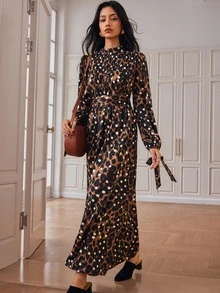 Écloséra Gaun Panjang Wanita Motif Polkadot dan Cetak Hewan, Bahan Stretch Empat Arah, Kerah Pita, Depan Berkerut - MultiWarna - View 5