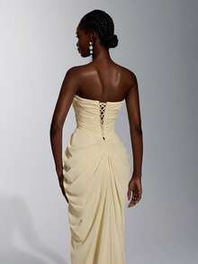 Elitara Elegant Minimalist Classical Chiffon Shawl Strapless Handmade Pleated Fishbone Internal Corset Waist Bodycon Slit Train Long Dress Cream Fall - Yellow - View 9
