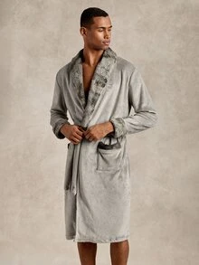 EverLounge Men's Autumn/Winter British Style Basic Minimalist Comfortable Light Gray Double-Sided Flannel Contrast Color Tie-Dye Shawl Collar Long Robe Coat - Grey - View 5