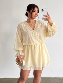 Firerie Plus Size Women's Solid Color Contrast Lace V-Neck Ruffle Cuff Fashion Dress - Light Yellow - View 7