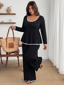 Enliva Set 2 Potong Wanita Plus Size Renda Hitam Blok Warna, Cocok untuk Pergi Kerja, Bentuk Tubuh Apel dan Bulat - Hitam dan Putih - View 6