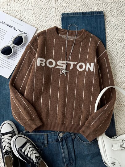 New Fashion Casual Versatile Brown Letter Jacquard Pullover Sweater For Girls, Suitable For Autumn/Winter Season, Outdoor Fashion Versatile Girls Outfit Top