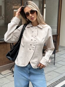 SHEIN Frenchy Women's Solid Color Long Sleeve Double-Breasted Casual Jacket,Fall/Winter Elegant Formal Luxury Business Chic Basic Christmas Back To School - Apricot - View 3