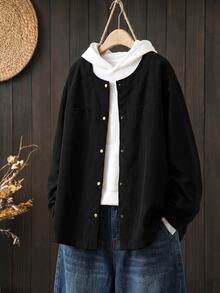 Rusticease Plus Size Women's Solid Color Long Sleeve Single-Breasted Casual Loose Jacket - Black - View 3