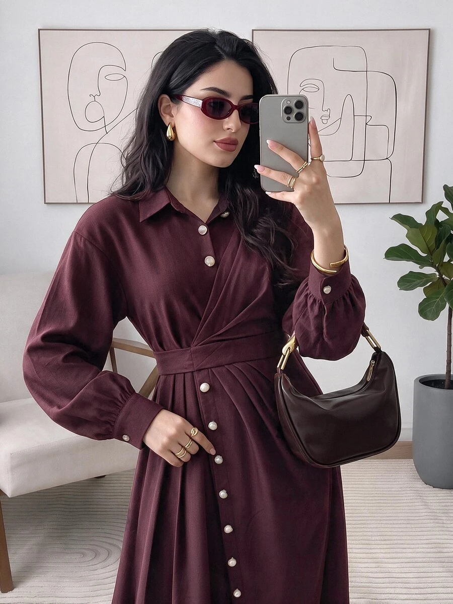 Veilorie Gaun Lengan Panjang Berlipit dengan Desain Kancing untuk Wanita yang Suka Bepergian - Burgundy - View 1