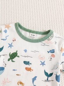 SHEIN 嬰兒男孩女孩貼身可愛動物圖案羅紋圓領長袖上衣與睡褲套裝，柔軟舒適貼身睡衣居家服 2 件組，聖誕節、新年、睡衣 - 彩色 - 查看 7
