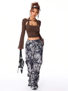 SHEIN EZwear 女款秋冬 Y2K 羅紋針織二合一連身衣喇叭袖長袖上衣 - 棕色 - 查看 6