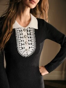 MOTF PREMIUM AUTUMN/WINTER GENTLE ELEGANT COMMUTE DATE EXQUISITE HIGH-END TEXTURED KNIT FABRIC CONTRAST COLOR LAPEL LACE PEARL BUTTON SLIM FIT SHORT BLACK SWEATER DRESS - Black - View 2