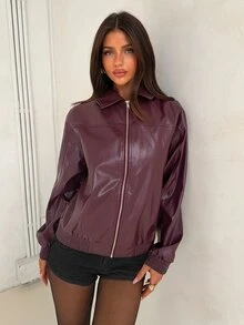 Aloruh Women's Deep Purple Leather Minimalist Jacket, Early Autumn Outfit - Purple - View 5