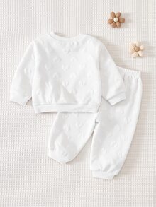 Cozy Pixies 女嬰卡通3D花朵貼布圓領愛心紋理布料長袖套頭衛衣彈力腰長褲2件套 - 白色 - 查看 2