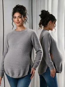 Momance Maternity Solid Color Round Neck Raglan Long Sleeve Casual Baggy Sweater Fall Formal Photoshoot Grey Winter - Grey - View 1