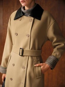 MOTF PREMIUM WOMEN'S COLORBLOCK SHIRT COLLAR PLAID PATCHWORK CUFF BUTTON DECOR DOUBLE POCKET CINCHED CINCHED WAIST OVERCOAT - Camel - View 2