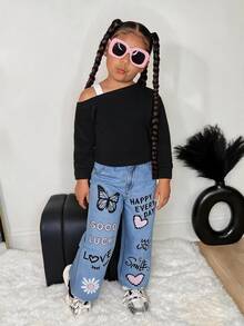 SHEIN Kids SLAYR Young Girl Young Girls Street Fashion Black Asymmetrical Shoulder Sweatshirt & Denim Effect Loose Pants Set - Blue - View 3