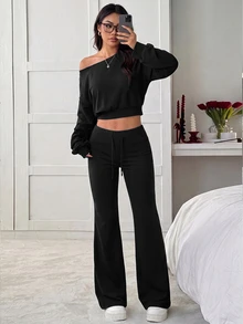 SHEIN Girlism Teen Girls Hoodie & Sweatshirt Co-Ords Black Asymmetrical Shoulder Sweatshirt & Flared Sweatpants 2pcs Set - Black - View 3