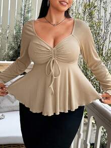 Vionelle Diamond Neckline Front Drawstring Ribbed Plus Size Long Sleeve T-Shirt - Apricot - View 5