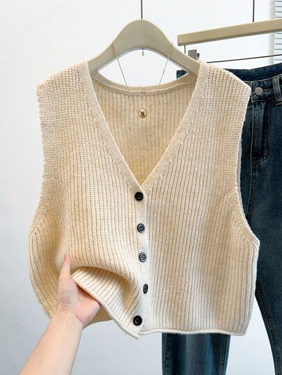 GlowEve CURVE Women's Mixed Color Chunky Knit V-Neck Sleeveless Vest, Single Row Black Buttons, Loose Short Length Layering Tank Top, Soft Mohair Texture Ribbed Camisole, Commute Casual Versatile Slimming Innerwear Outerwear Knit Top
