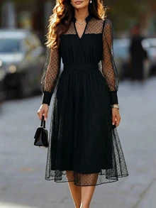 SHEIN Women's Polka Dot Chiffon Black Elegant Dress - Black - View 5