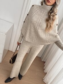 SHEIN طقم كنزة بقطعتين برقبة عالية بتصميم عتيق للخريف/الشتاء - بني مخاوي - مشاهدة 6
