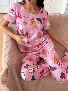 SweetSlumber طقم بيجامة نسائي لطيف بطبعة بابا نويل ورجل الثلج ورجل الزنجبيل والفيونكة بياقة دائرية لعيد الميلاد - وردي - مشاهدة 3