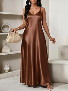 SHEIN Lady Plus Size Elegant Elegant Satin Spaghetti Strap Dress For Date - Brown - View 5