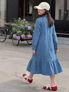 DAZY Tween Girl Fashion Button Pocket Design Long Sleeve Denim Dress - Medium Wash - View 2