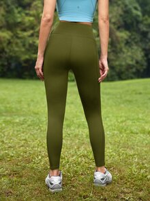 In My Nature 女款休閒口袋修身運動緊身褲 - 軍綠色 - 查看 6