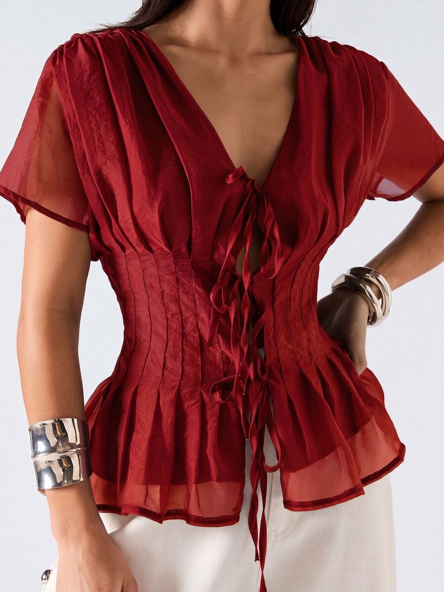 SHEIN EZwear 酒紅色純色領口百褶休閒百搭日常短袖大尺碼襯衫 - 酒紅色 - 查看 1
