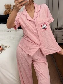 Napfluff Textured Bubble Grid Pocket Embroidered Top And Loose Pants Pajama Set - Pink - View 1
