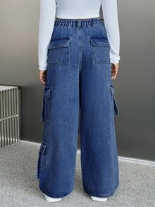 SHEIN Girlism Celana Jeans Denim Kargo Longgar dengan Kancing dan Kantong untuk Anak Perempuan Remaja - Dark Wash - View 2