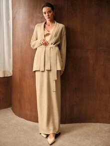 MOTF PREMIUM AUTUMN/WINTER WOMEN'S KHAKI SWEATER 2 PIECES SET ELEGANT - Khaki - View 8