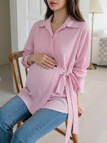 DAZY Striped Loose Long Sleeve Lapel Tie Casual Vacation Korean Style Autumn Winter Maternity Blouse - Pink - View 3