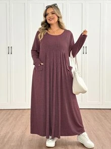 SHEIN CURVE+ Plus Size Women's Autumn/Winter Casual Loose Long Sleeve Comfortable Dress With Pockets Fall - Dusty Pink - View 6