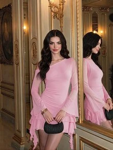 Skyraze Women's Solid Color Asymmetrical Shoulder Flared Sleeve Ruffle Hem Pleated Dress - Pink - View 3