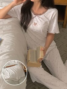 DAZY Bộ đồ ngủ nữ 2 món áo cổ tròn tay ngắn họa tiết chấm bi đính nơ và quần - trắng - Xem 3