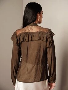 BELROSIE Fall/ Dark Brown Solid Textured Fabric Elegant Sophisticated Crinkled Ruffle Lace Patchwork Bowknot Long Sleeve Blouse, French Vintage Office Dinner - Brown - View 6