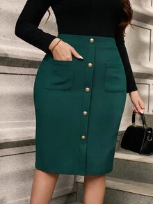 SHEIN Clasi 大尺碼女款純色單排扣口袋設計優雅鉛筆裙 - 墨綠色 - 查看 1
