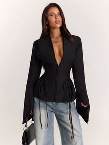 SHEIN BAE Blazer Wanita Lengan Panjang Warna Polos dengan Desain Ikat Pinggang Samping dan Potongan Slim Fit - Hitam - View 4