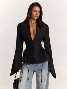 SHEIN BAE Blazer Wanita Lengan Panjang Warna Polos dengan Desain Ikat Pinggang Samping dan Potongan Slim Fit - Hitam - View 1