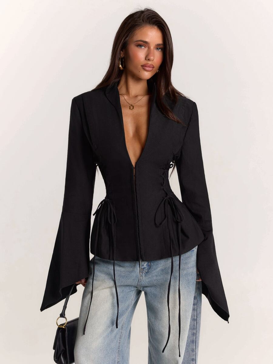 SHEIN BAE Blazer Wanita Lengan Panjang Warna Polos dengan Desain Ikat Pinggang Samping dan Potongan Slim Fit - Hitam - View 1