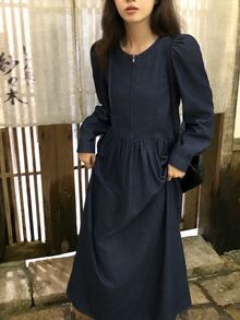 DAZY Women's Round Neck Casual Long Denim Dress - Dark Wash - View 4