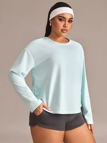 Easithlete Kaos Olahraga Lengan Panjang Wanita Ukuran Besar Warna Polos dengan Desain Simpul di Belakang, Cocok untuk Musim Gugur. - Baby Blue - View 4